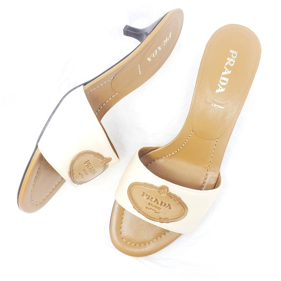 Prada Shoes - Prada Logo White Tan Leather Sandals Slides Mules Kitten Heels EU 38